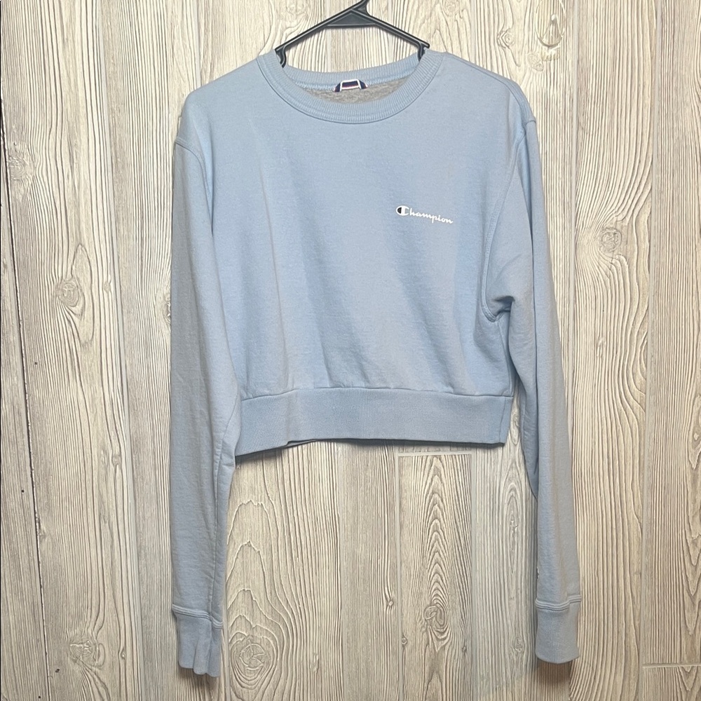 Champion Women's Light Blue Cropped Hoodie Size Small